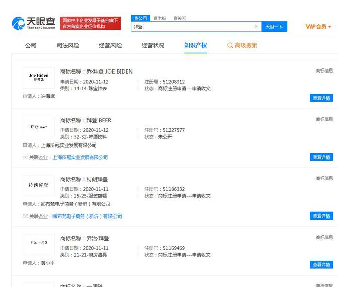 美国总统拜登相关商标已申请注册