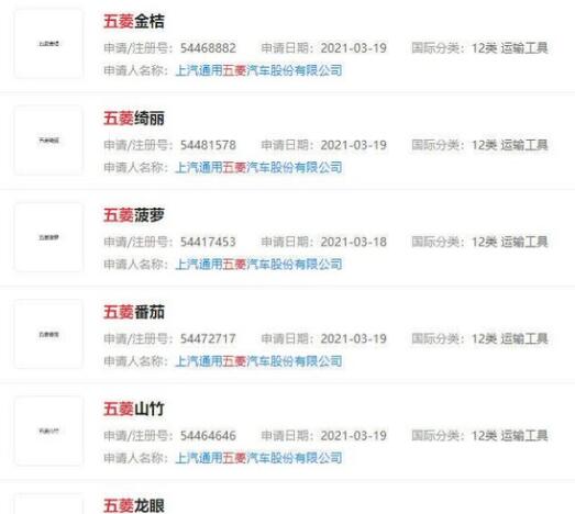 多个“水果”商标:菠萝、番茄、龙眼、蓝莓被五菱注册商标