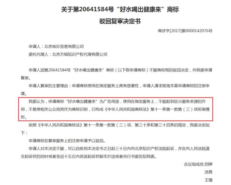 第32类、第35类「好水喝出健康来」商标 因被认定为广告用语 商标申请被驳回了