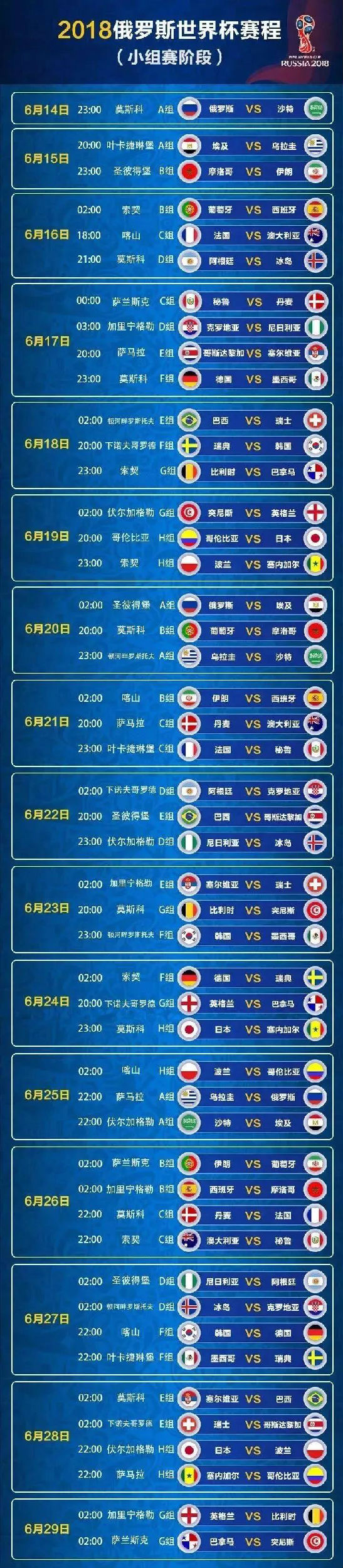 2018世界杯各国家队LOGO及比赛时间！收下吧～