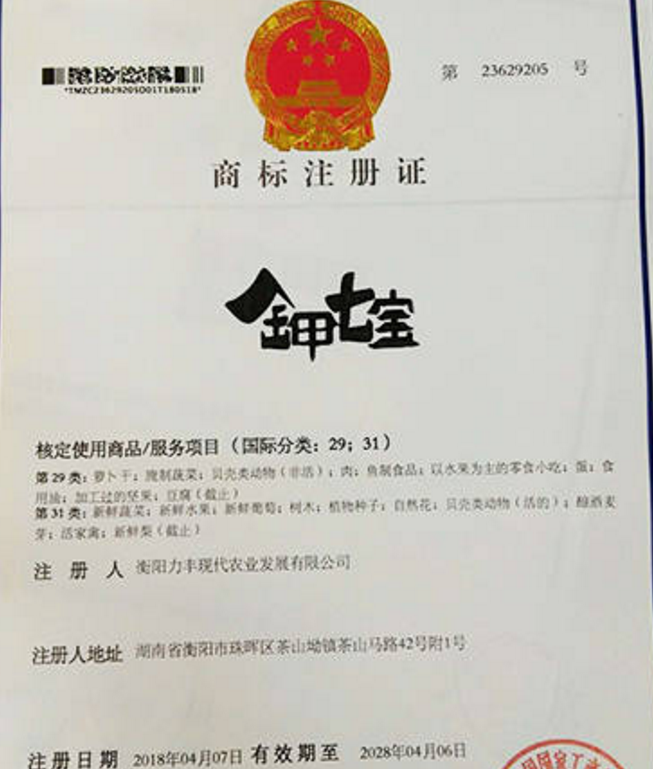 湖南省衡阳市珠晖区：“金甲七宝”成功注册国家商标