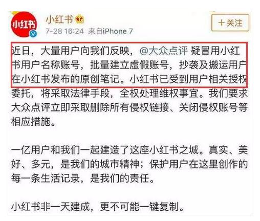 大众点评涉嫌版权侵权？小红书怒发声明谴责