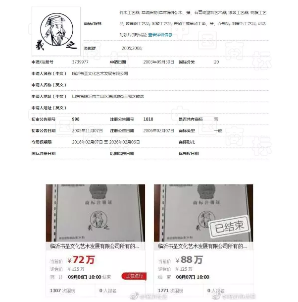 估值125万的“羲之”被拍卖，历史名人商标快要被抢光了！