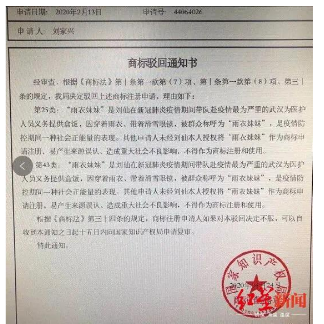 “雨衣妹妹”前线坚守  却遭抢注商标