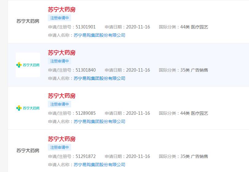 苏宁易购申请“苏宁大药房”“苏宁健康”商标