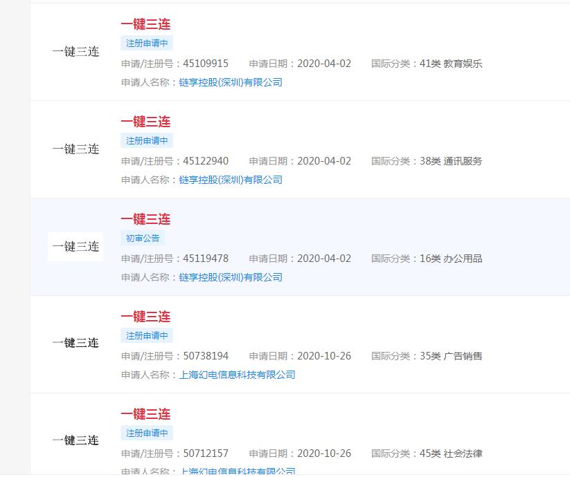“呵呵呵”之后，bilibili申请了“一键三连”商标