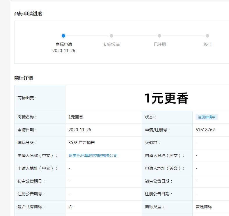 淘宝特价版申请注册“1元更香”商标