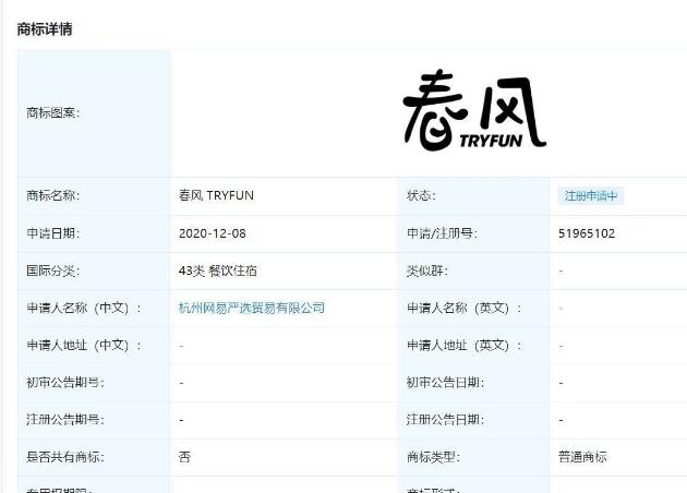“春风 TRYFUN”商标被网易申请