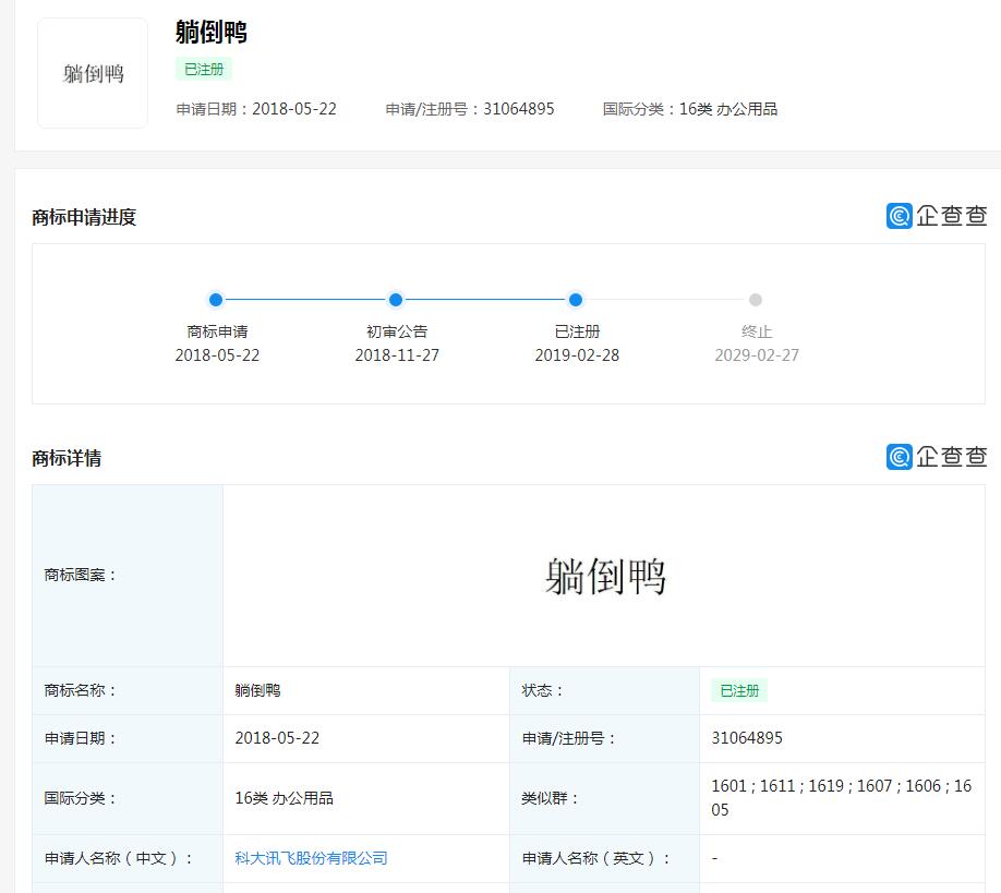 科大讯飞申请“躺倒鸭”商标 涉及分类为灯具空调等