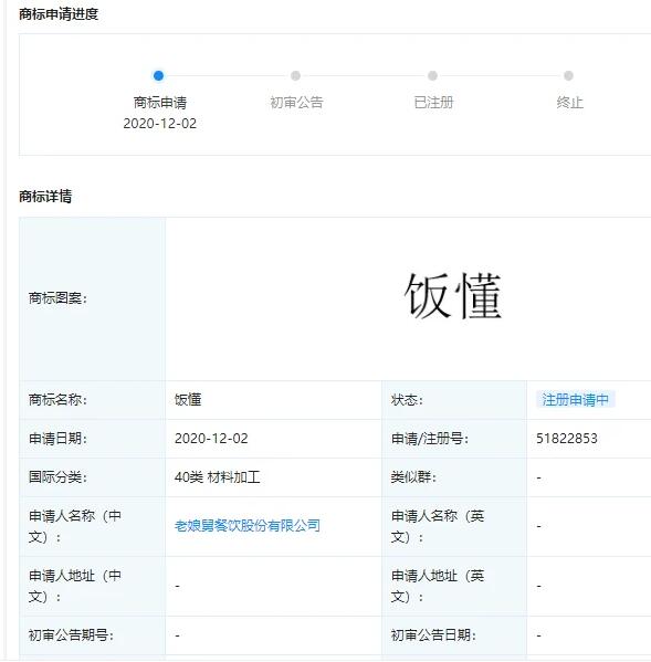 老娘舅关联公司申请“饭懂”商标