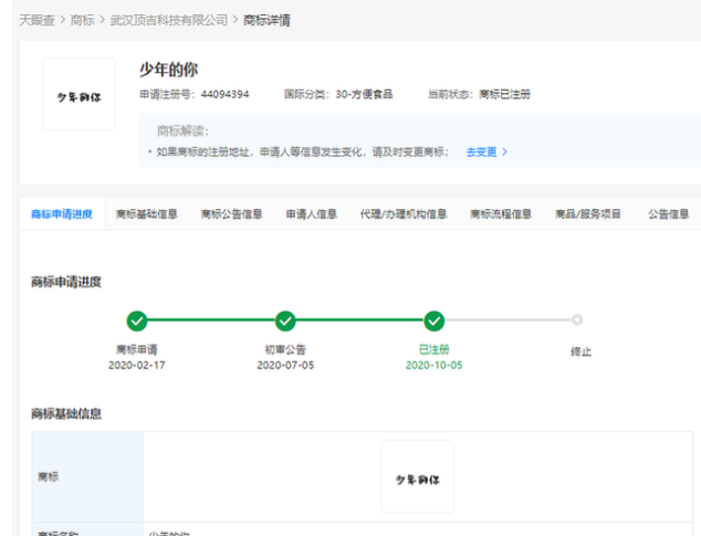 “少年的你”相关商标被申请注册