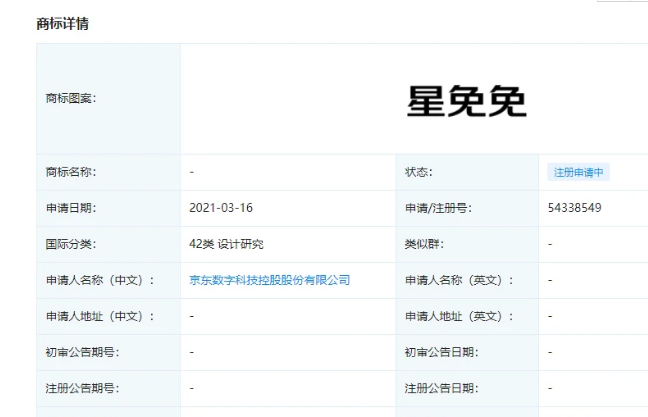 星免免”、“免免兔”商标被京东关联企业申请