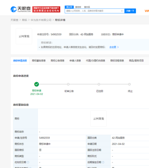 华为技术有限公司申请注册“云网聚数”、“鸿蒙智联”相关商标