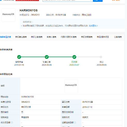2021年5月25日华为EMUI微博更名HarmonyOS，相关商标最早申请于2019年