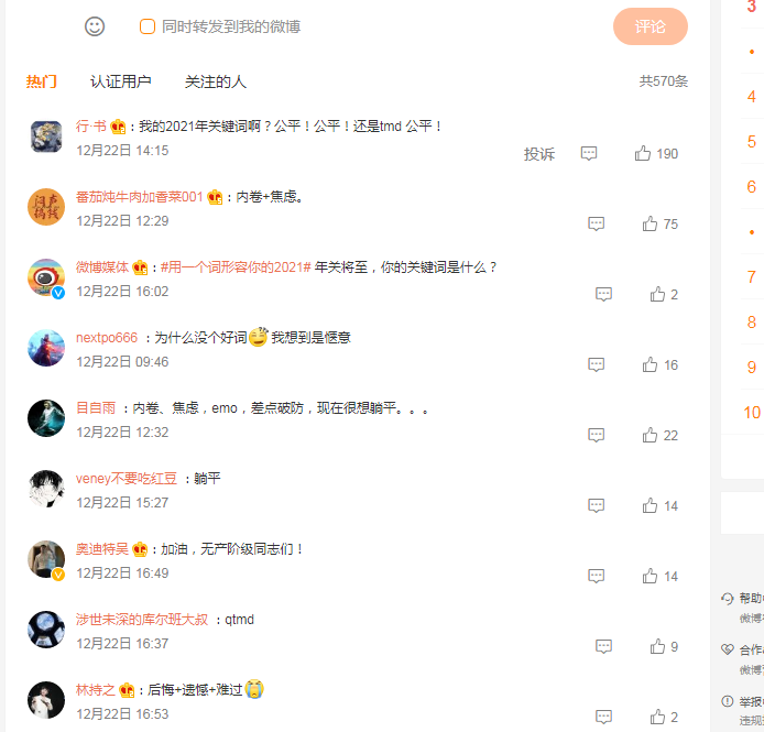 #用一个词形容你的2021#内卷，拼搏，躺平，下班，EMO，YYDS，打工人，破防，焦虑这些都申请商标了吗？