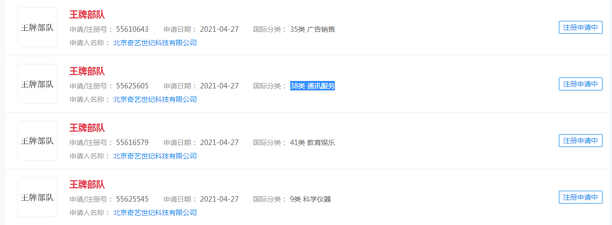 北京奇艺世纪科技已申请“王牌部队”商标，防止商标被抢注