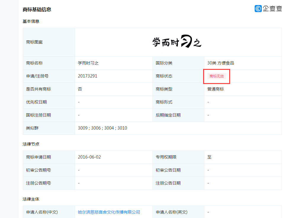 “学而时习之”申请商标无效，分类涉及食品类