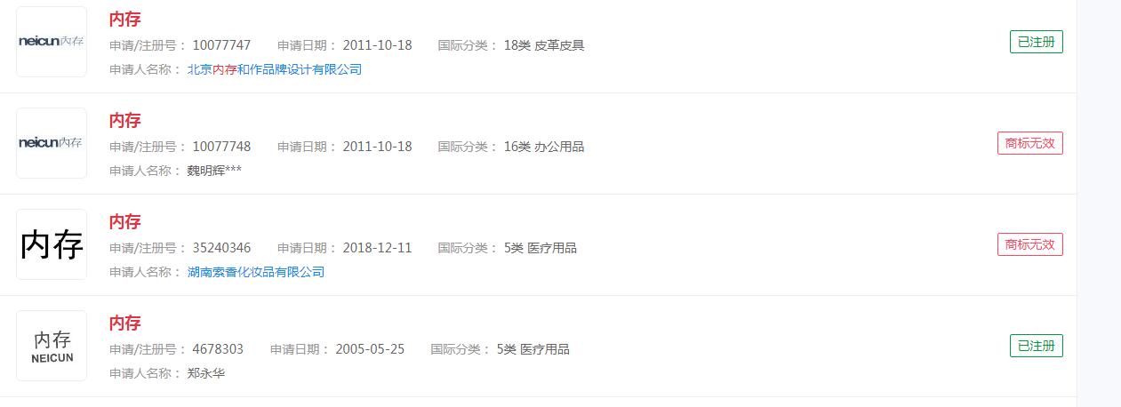 “内存”申请商标分类涉及 5类 医疗用品， 18类 皮革皮具