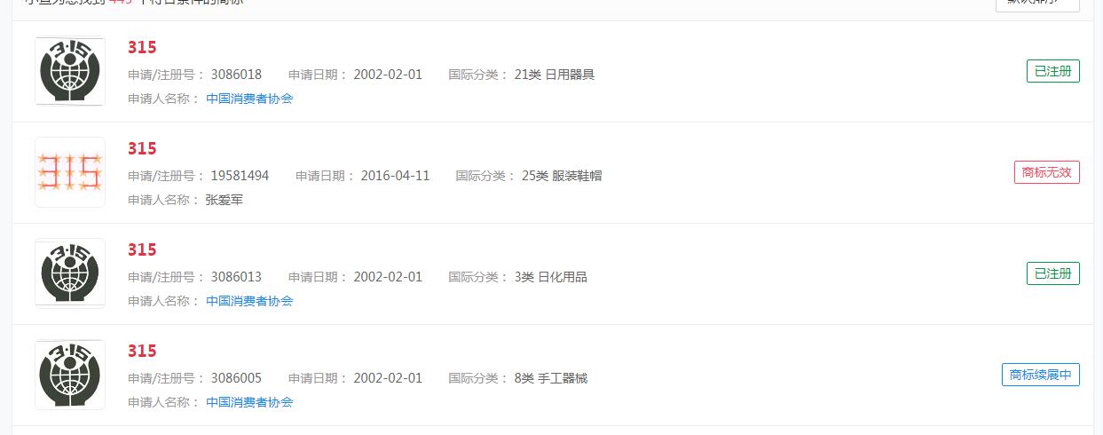  中国消费者协会注册3.15,315商标显示成功注册，而抢注近似商标却是都被驳回