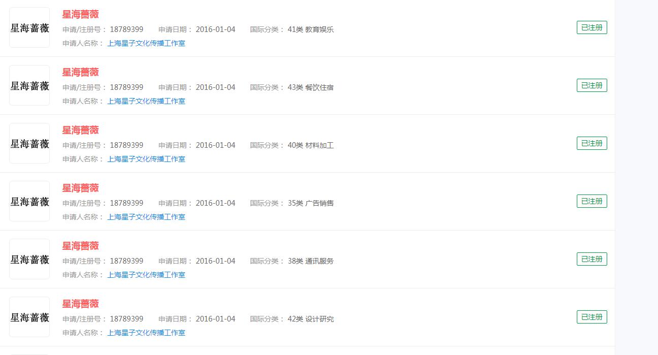 优酷正在热播的《蕨草少女的白日梦》并未申请商标，而原名《星海蔷薇》却已注册商标