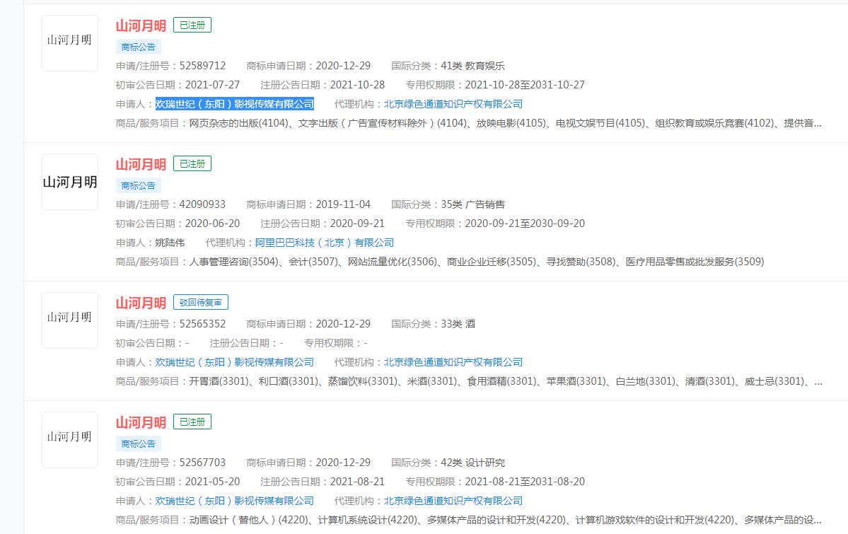 “山河月明”商标保护有多强？出品方很早之前就已布局