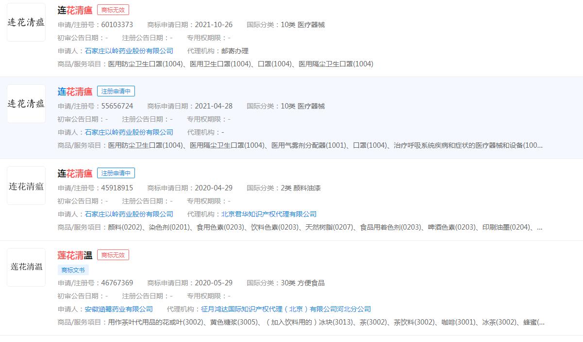 风口浪尖上的连花清瘟，“连花清瘟”是否有申请商标
