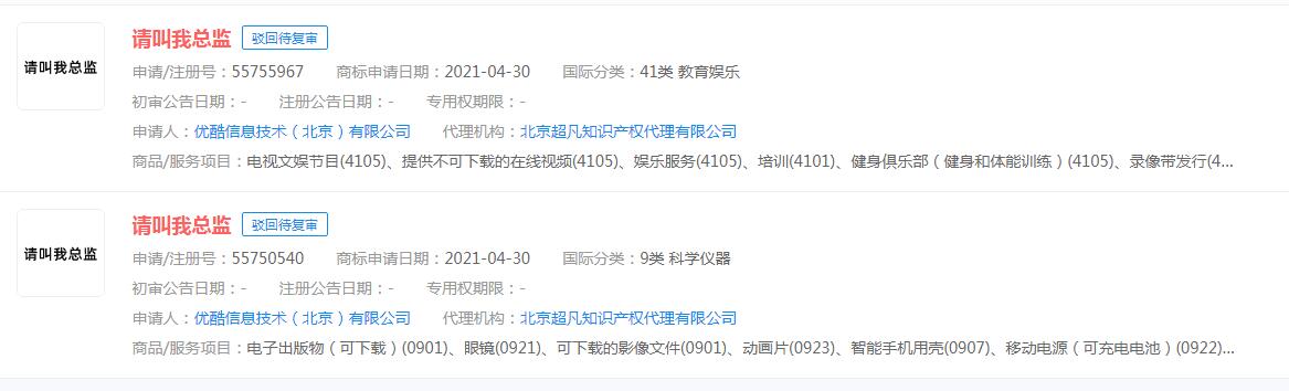 优酷申请“请叫我总监”商标，状态显示驳回待复审
