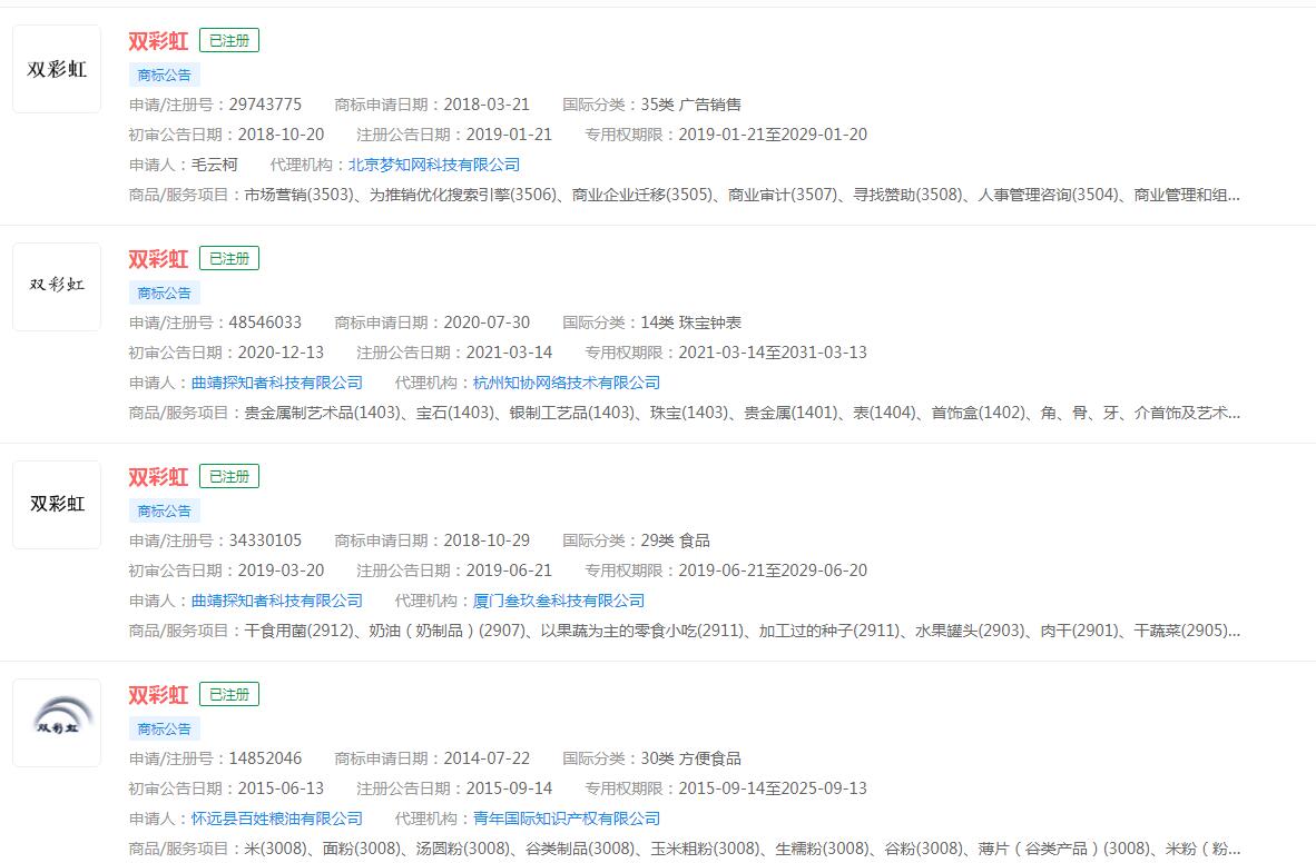 “双彩虹”已注册商标，分类涉及不同