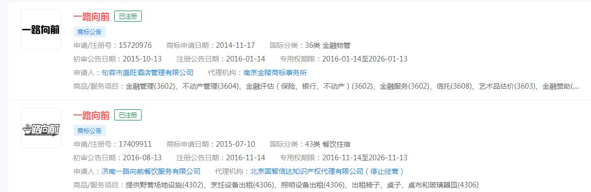 电视剧《一路向前》商标已被申请注册，分类涉及金融餐饮