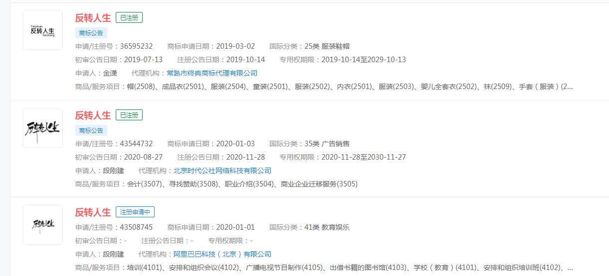 电视剧“反转人生”商标已注册，分类涉及服装，广告