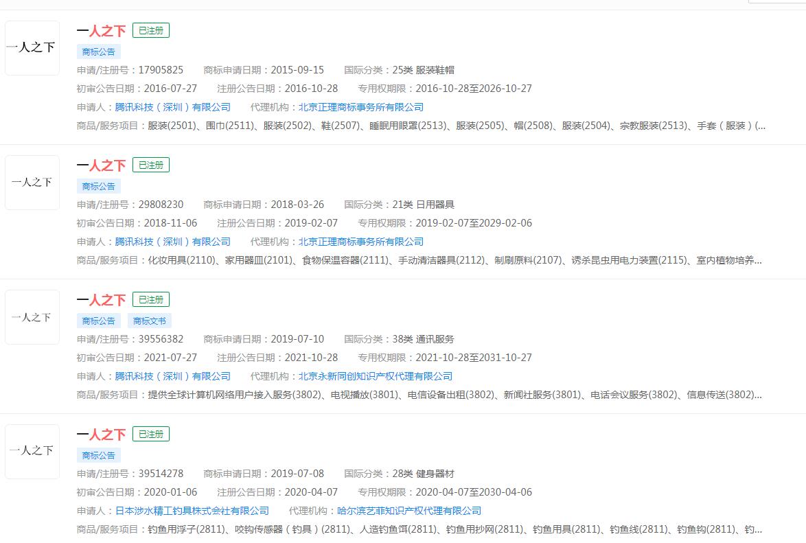 电视剧异人之下暂未申请商标，相似商标“一人之下”确已注册成功，分类涉及众多