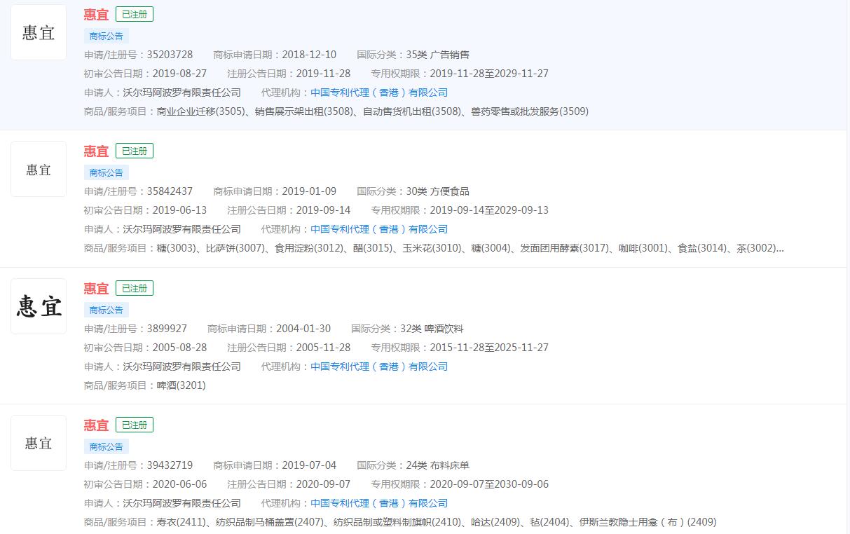 沃尔玛自有品牌“惠宜”全新升级，惠宜已申请商标，官方商标保护及时