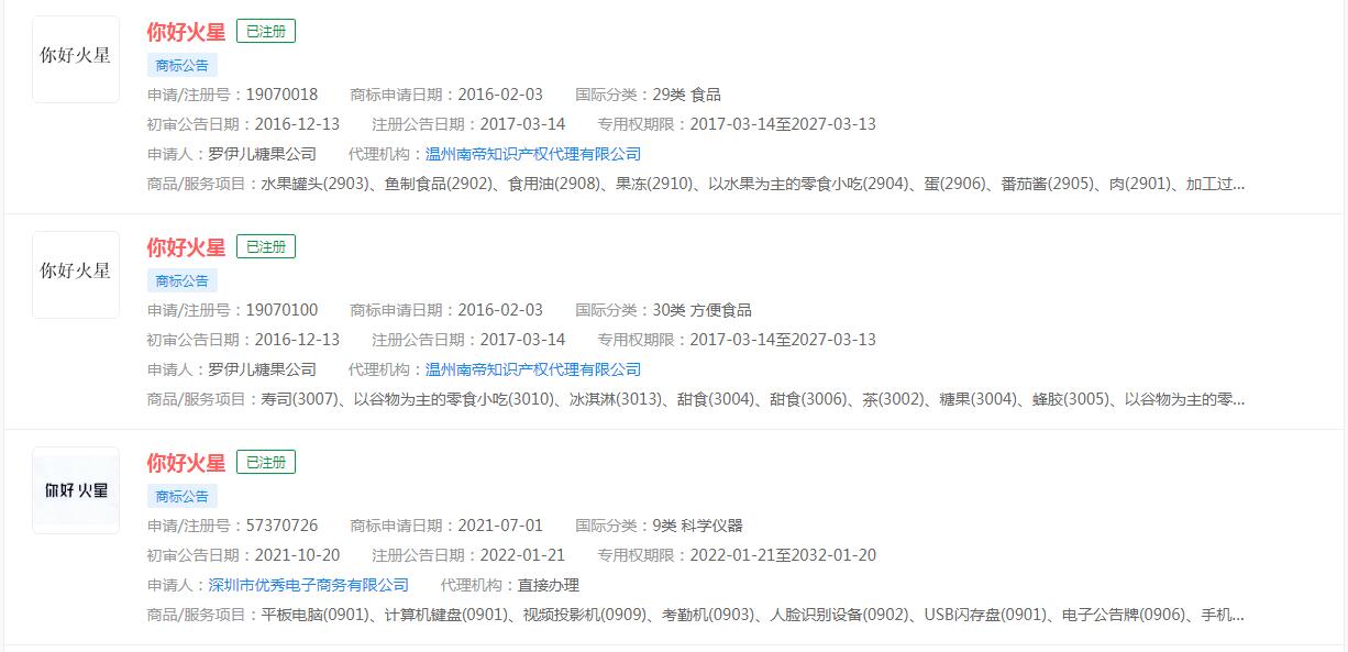 “你好火星”已申请商标，分类涉及众多