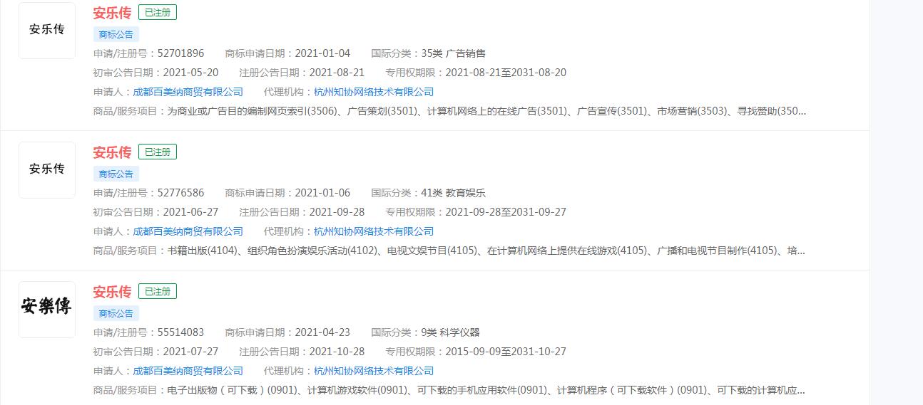 电视剧安乐传商标已被抢注，分类涉及不同