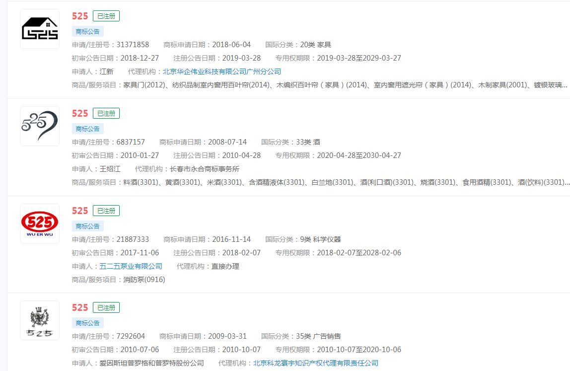 #525一起爱自己#，525已申请多种类别商标注册