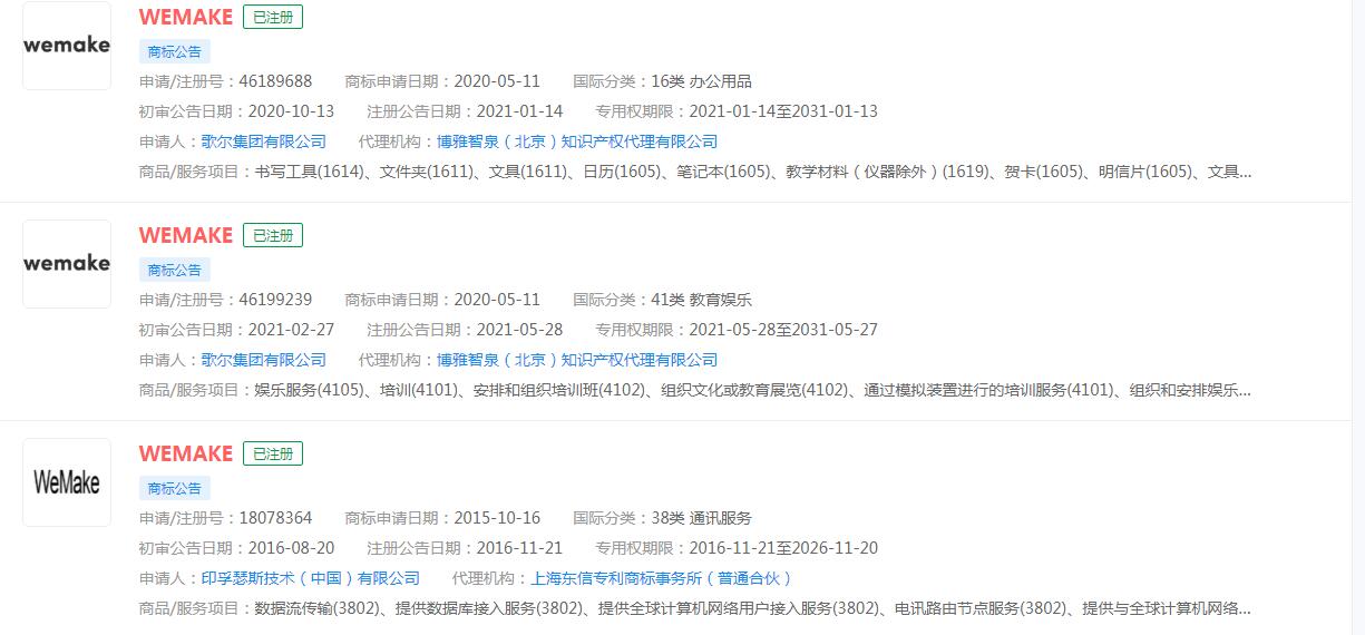 连续三年入选国家级双跨平台！腾讯WeMake已服务42万家制造企业“wemake”商标已被多家公司注册