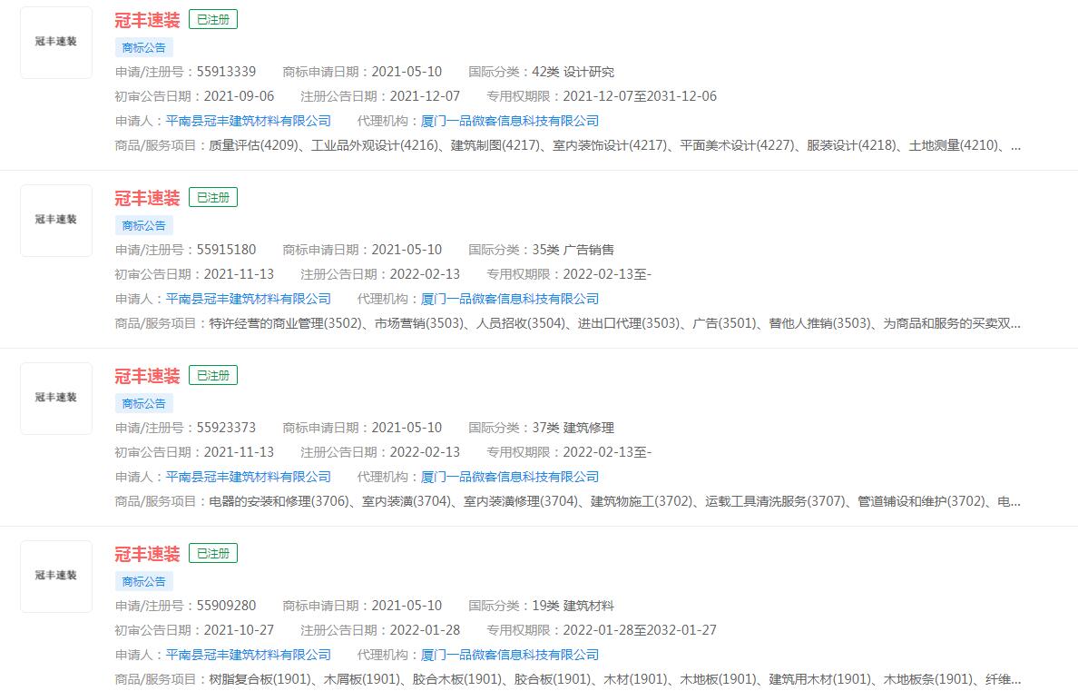 一品知识产权助冠丰建筑材料有限公司成功注册“冠丰速装”商标