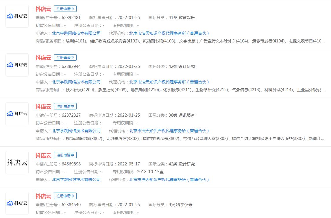 抖音电商官宣电商应用云服务平台抖店云，“抖店云”商标正在申请中