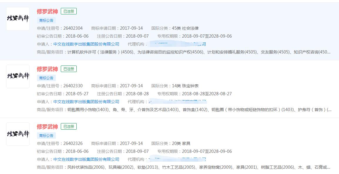 小说：《修罗武神》已被不同公司注册商标，分类涉及不同