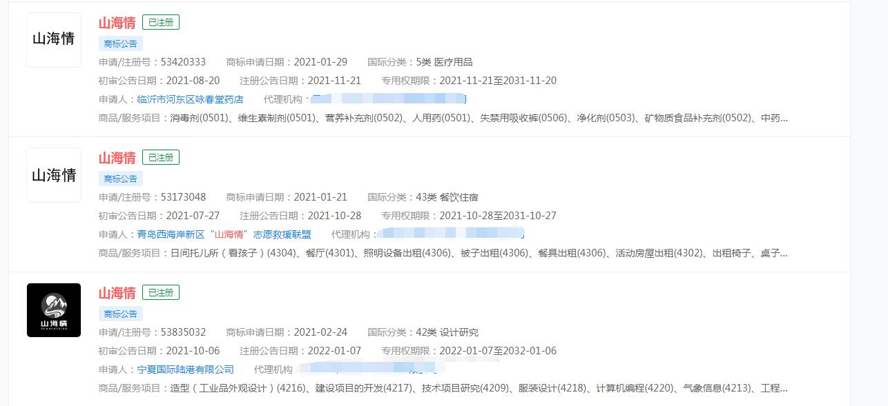 电视剧“山海情”商标已被不同多方公司注册商标，分类涉及不同