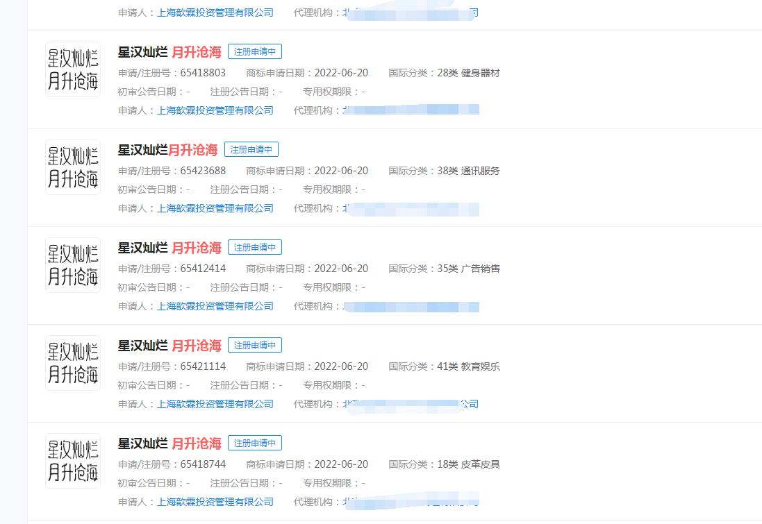 “星汉灿烂 月升沧海”商标注册分类涉及众多