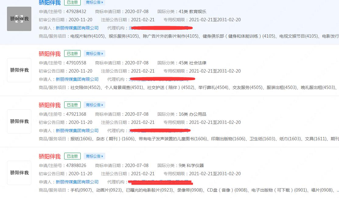 电视剧“骄阳伴我”商标已注册，分类涉及众多