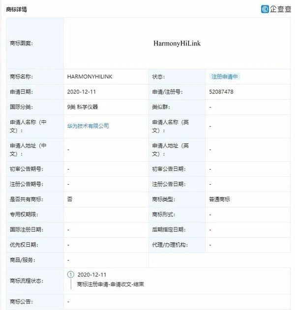 华为申请“HARMONYHILINK”等多个鸿蒙系统相关商标