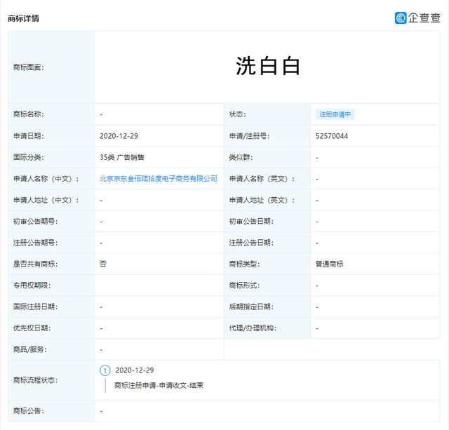 京东关联公司申请“洗净净”、“洗香香”、“洗爽爽”等商标