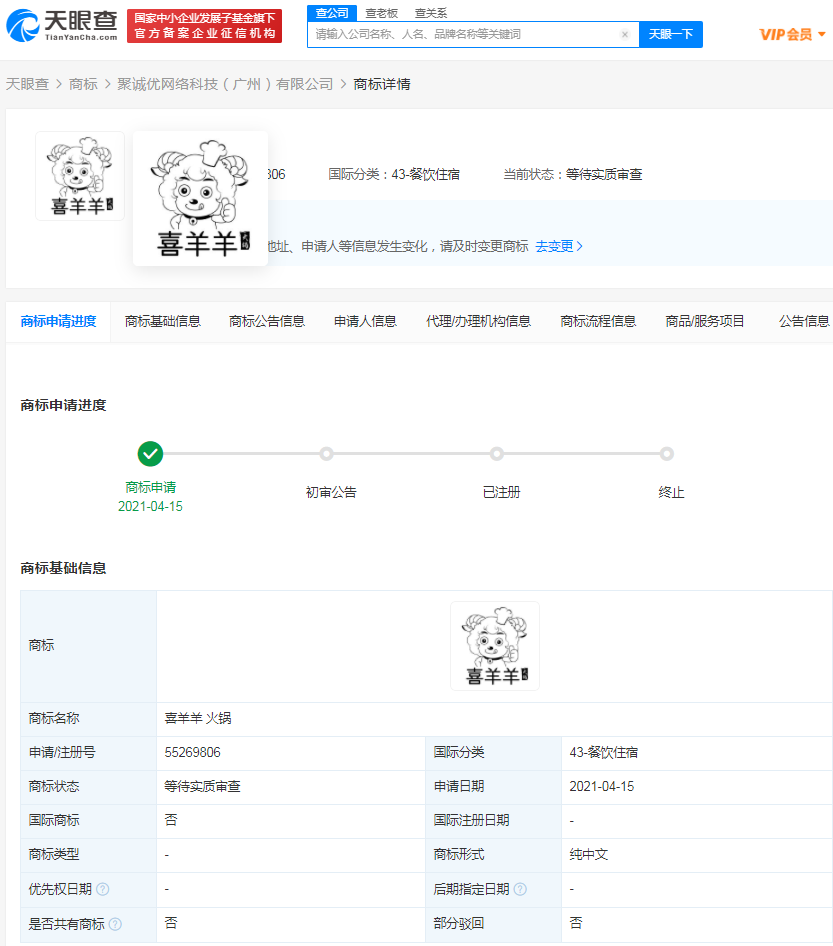 2021年5月25日喜羊羊被注册餐饮类商标